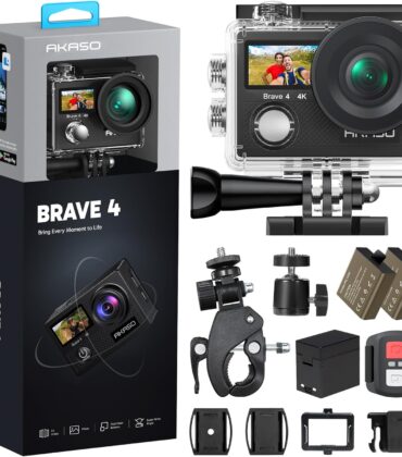 AKASO Brave 4 Action Camera 4K 30fps Ultra Hd Video 20MP Photo, EIS, WiFi, 2X Batteries, Waterproof Underwater Camera, Camcorder Bundle for Snorkel, Travel, Motorcycle, Bicycle, Helmet Accessories Kit