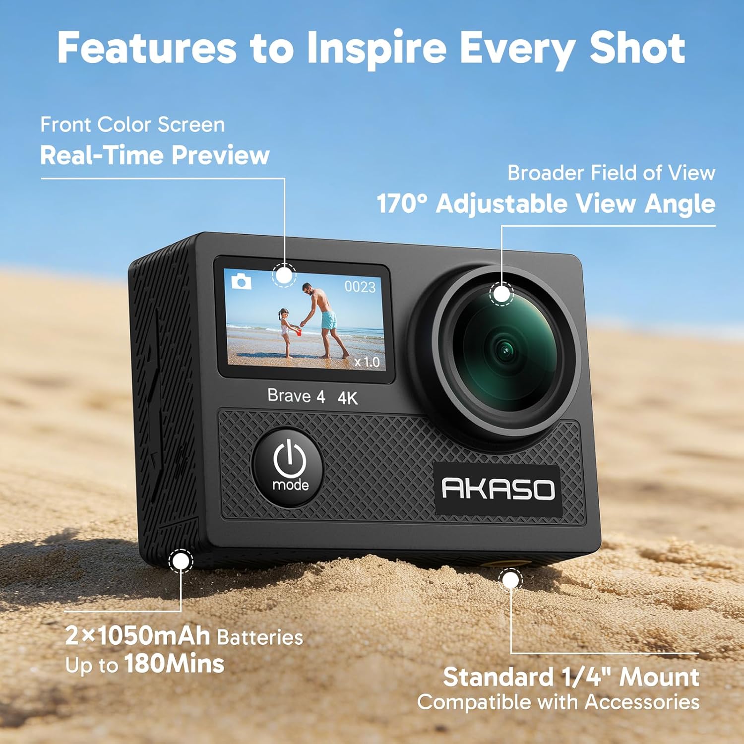 AKASO Brave 4 Action Camera 4K 30fps Ultra Hd Video 20MP Photo, EIS, WiFi, 2X Batteries, Waterproof Underwater Camera, Camcorder Bundle for Snorkel, Travel, Motorcycle, Bicycle, Helmet Accessories Kit - Image 7