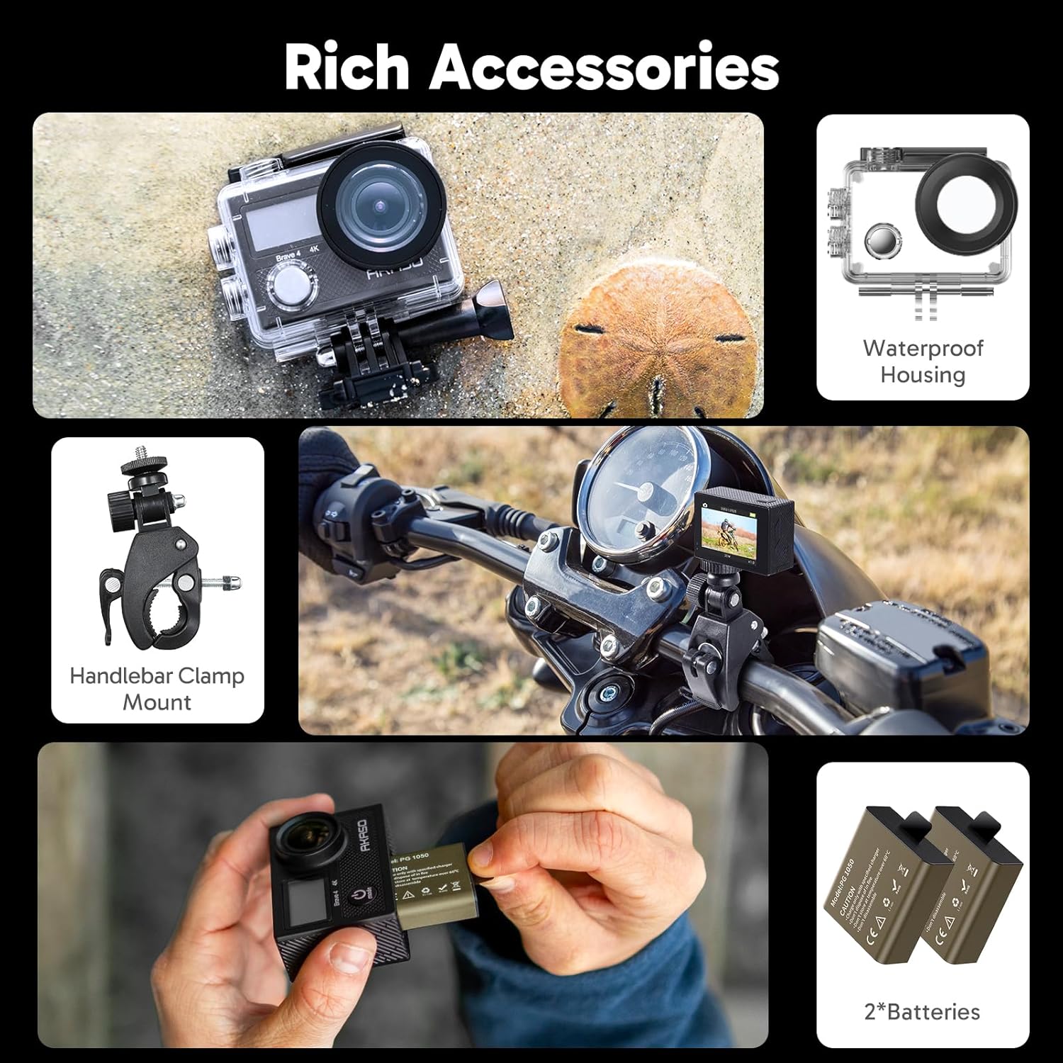 AKASO Brave 4 Action Camera 4K 30fps Ultra Hd Video 20MP Photo, EIS, WiFi, 2X Batteries, Waterproof Underwater Camera, Camcorder Bundle for Snorkel, Travel, Motorcycle, Bicycle, Helmet Accessories Kit - Image 8