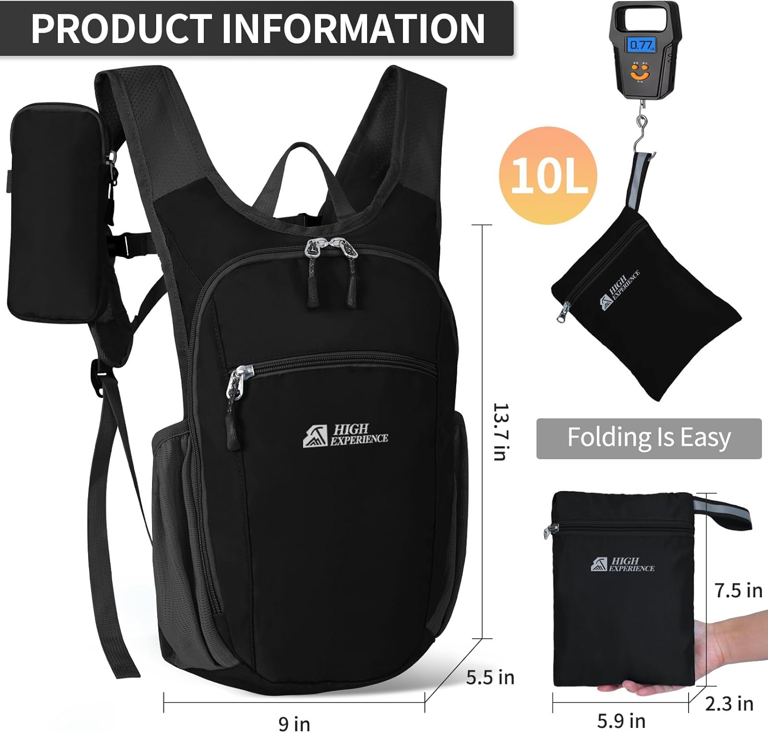 Hiking Backpack 10L/15L Small Daypack Lightweight Packable Travel Foldable Water Resistan for Women Men (Black, 10L) - Image 3